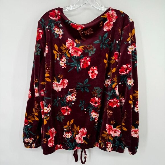 LOFT Floral Burgundy Velvet Long Sleeve Top Tie bottom womens long sleeve sz XL - Picture 7 of 8